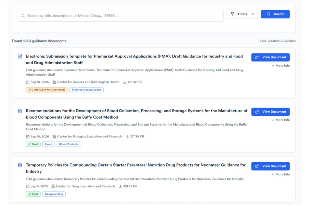FDA guidance search results with status, center and topic tags