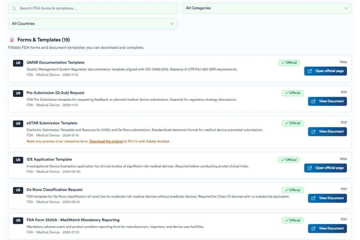 Forms and templates list with official FDA documents
