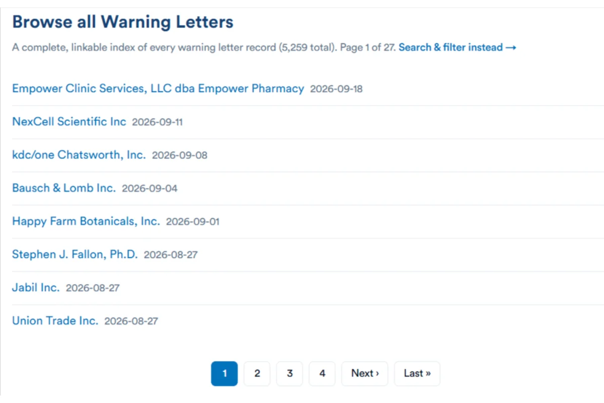 Browse all warning letters index with firm names and dates